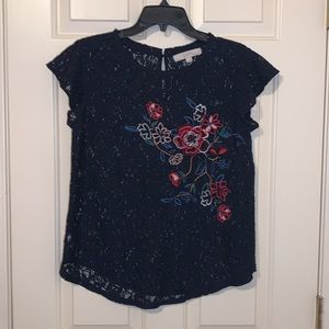 Loft small floral embroidered lace navy blue top